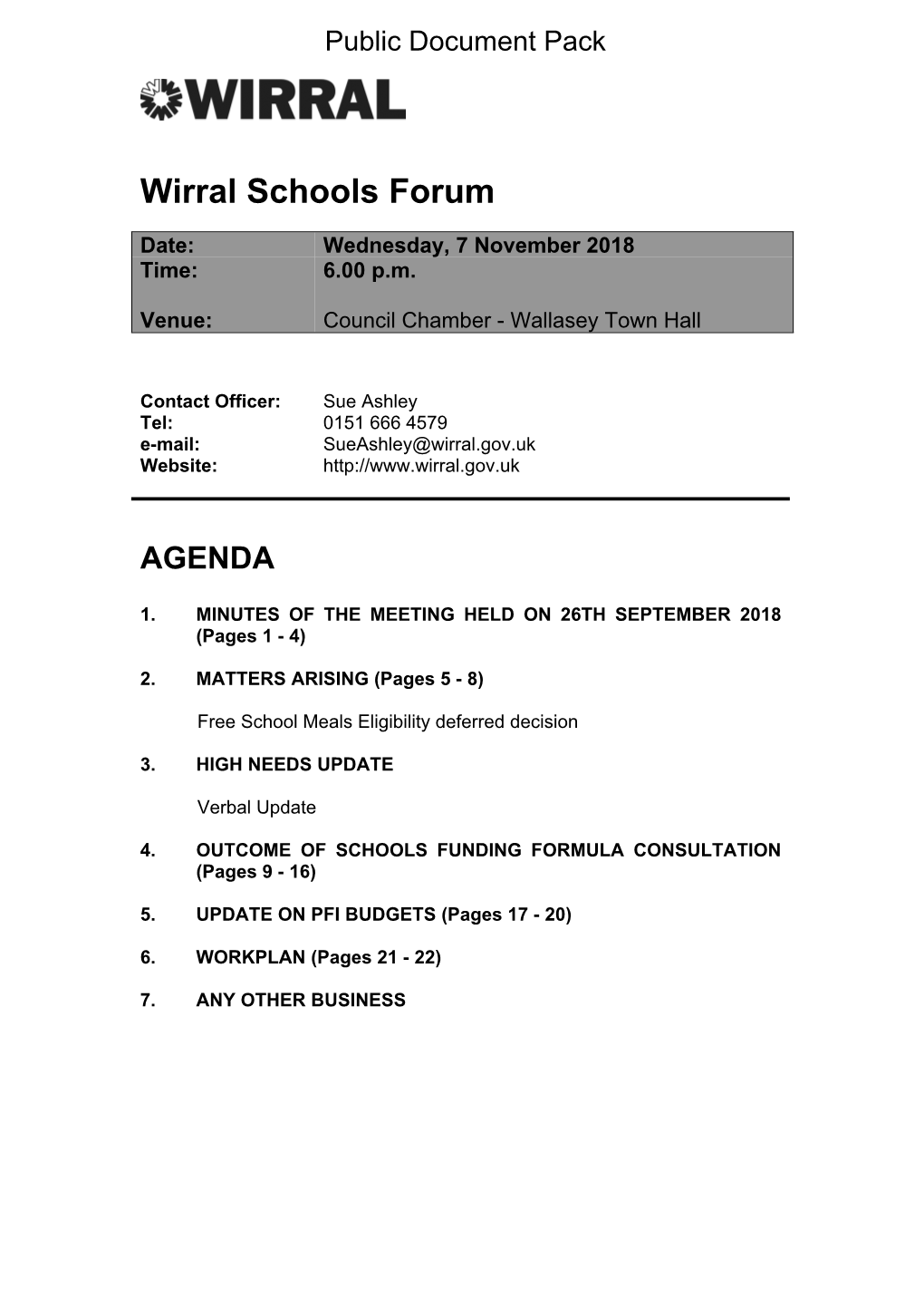 (Public Pack)Agenda Document for Wirral Schools Forum, 07/11/2018