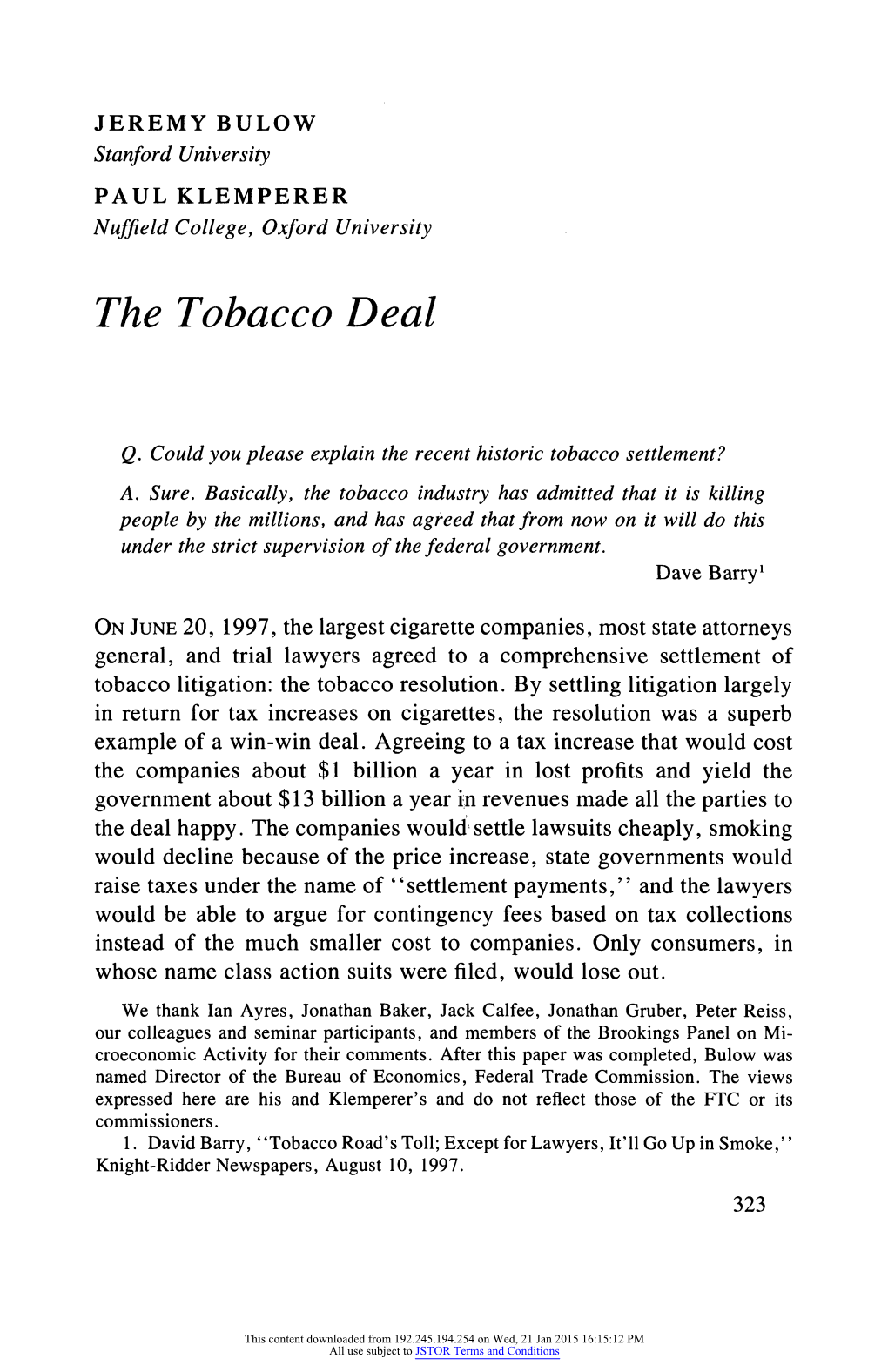 The Tobacco Deal