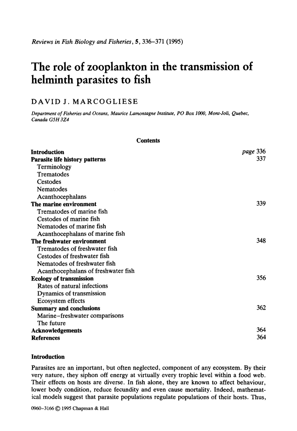 The Role of Zooplankton in the Transmission of Helminth Parasites to Fish