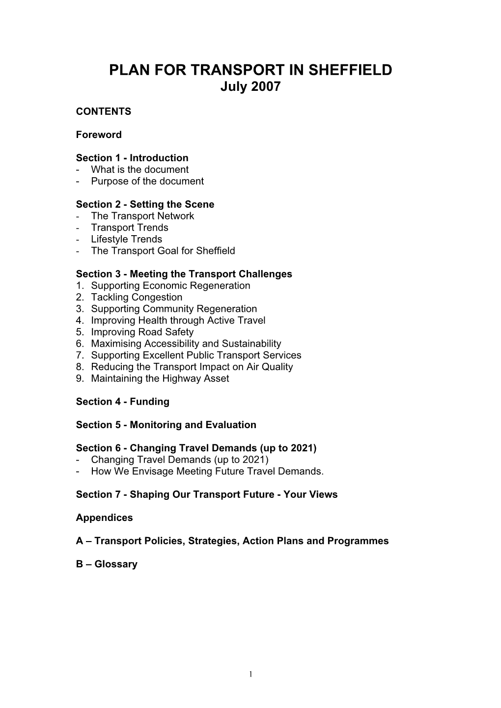 PLAN for TRANSPORT in SHEFFIELD July 2007