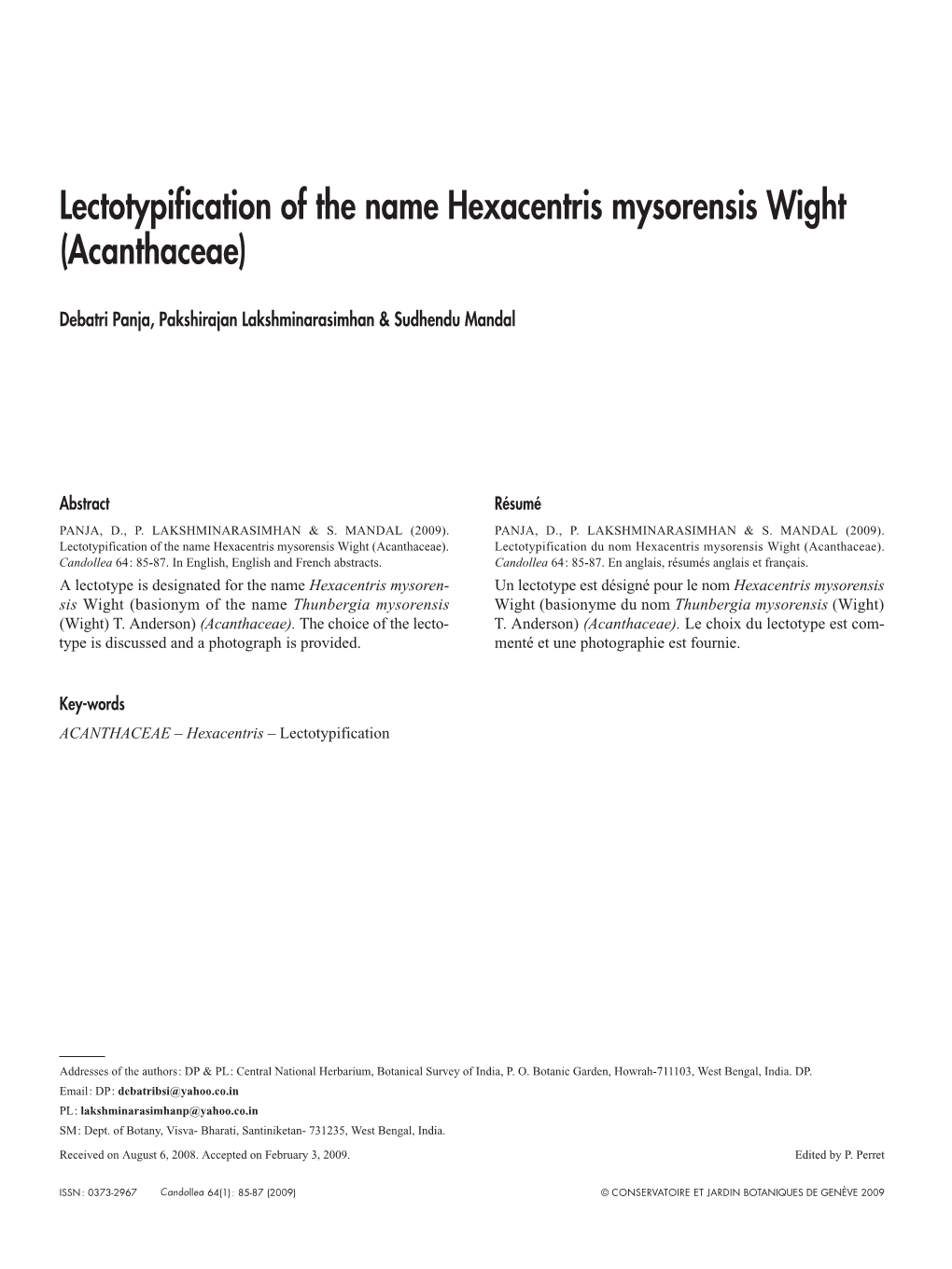 Lectotypification of the Name Hexacentris Mysorensis Wight (Acanthaceae)