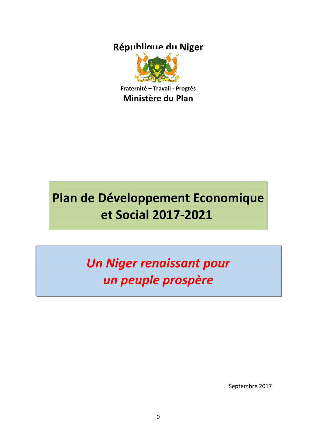 Plan De Développement Economique Et Social 2017-2021 Un Niger