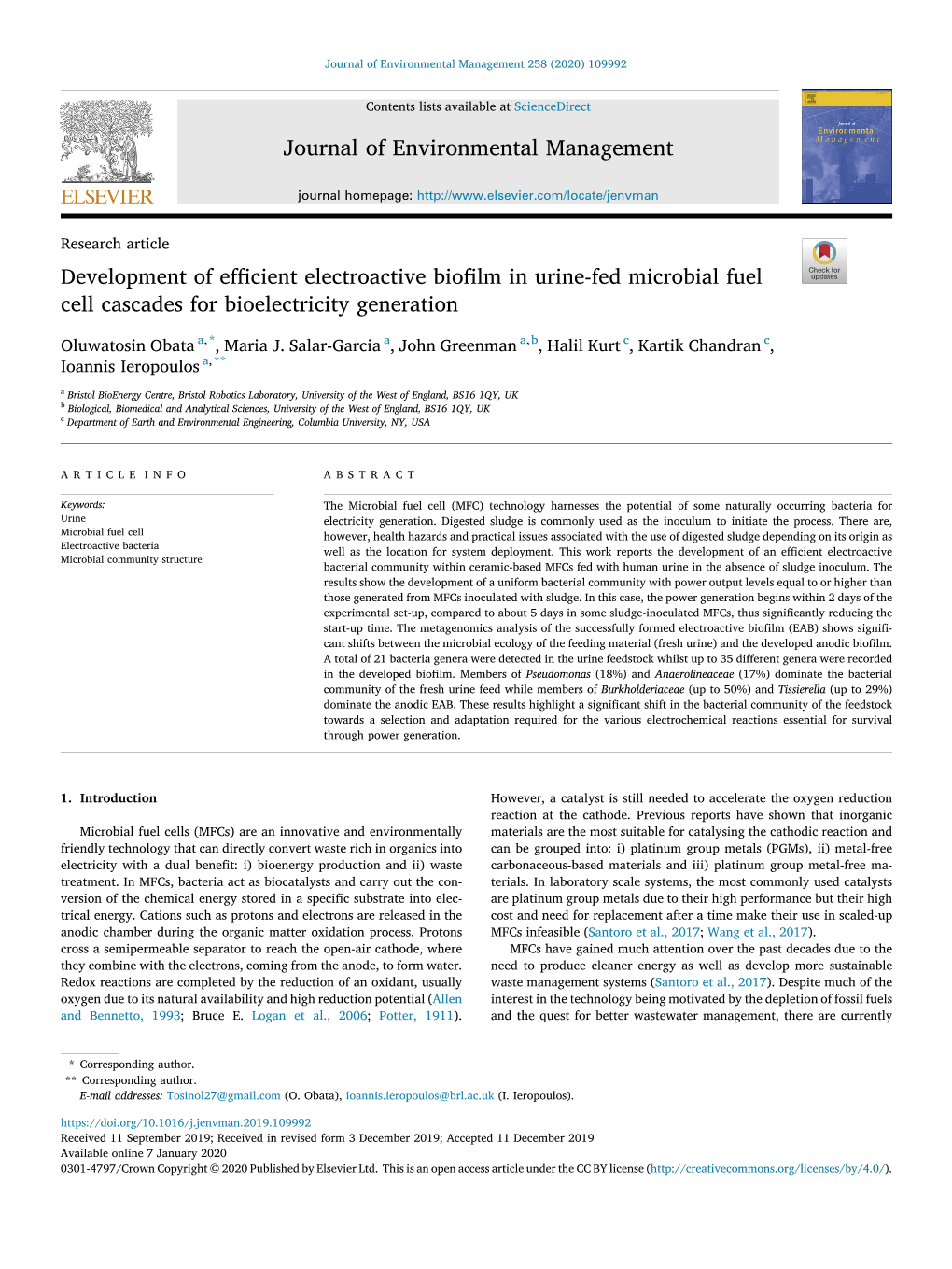 Development of Efficient Electroactive Biofilm in Urine-Fed Microbial Fuel Cell Cascades for Bioelectricity Generation