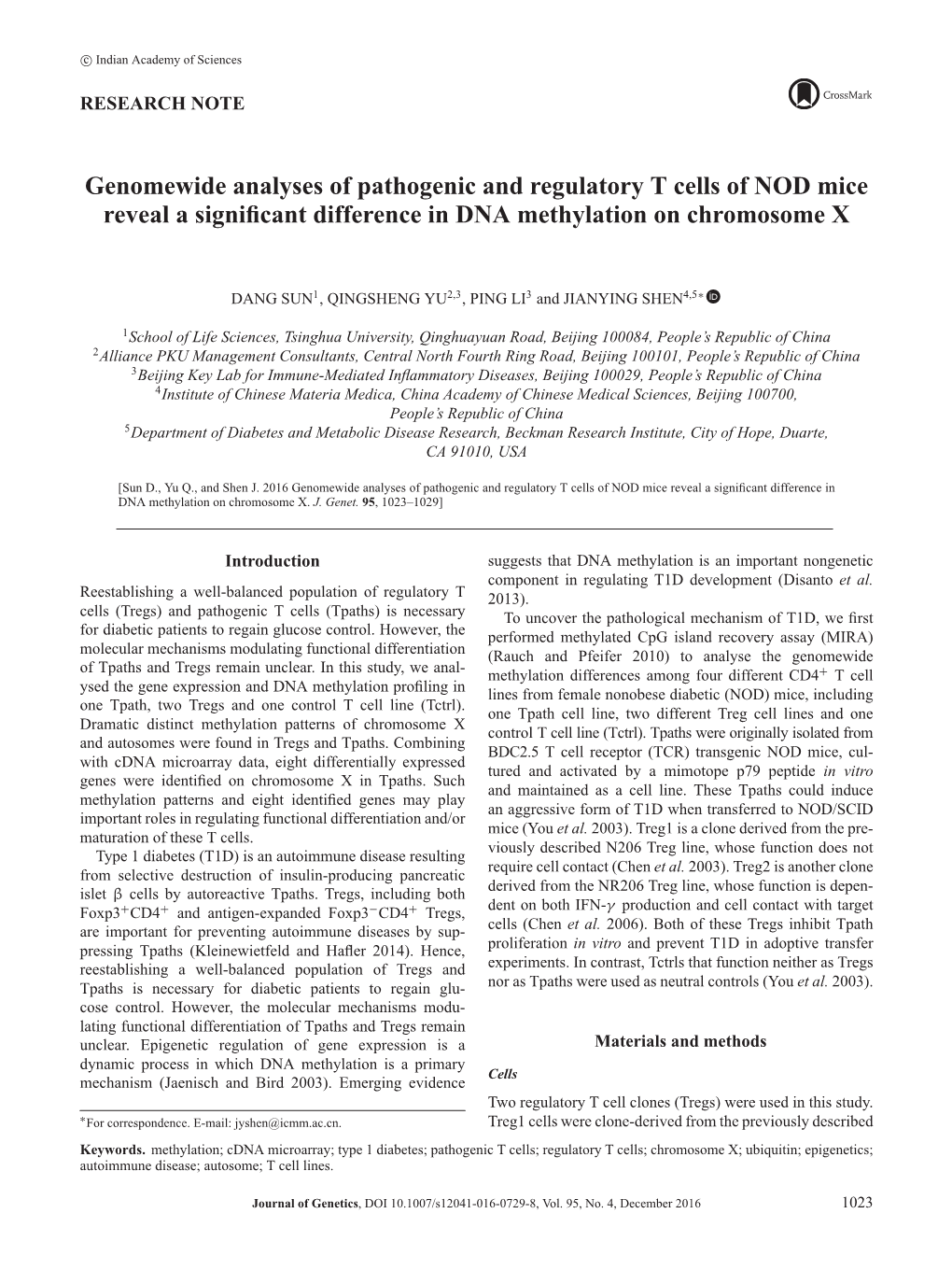 Genomewide Analyses of Pathogenic and Regulatory T Cells of NOD Mice Reveal a Signiﬁcant Difference in DNA Methylation on Chromosome X