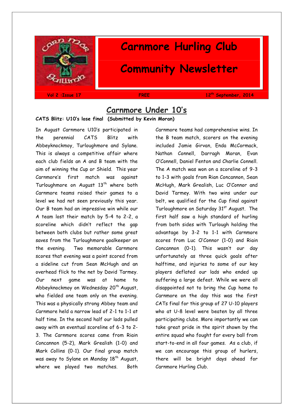 Carnmore Hurling Club Community Newsletter