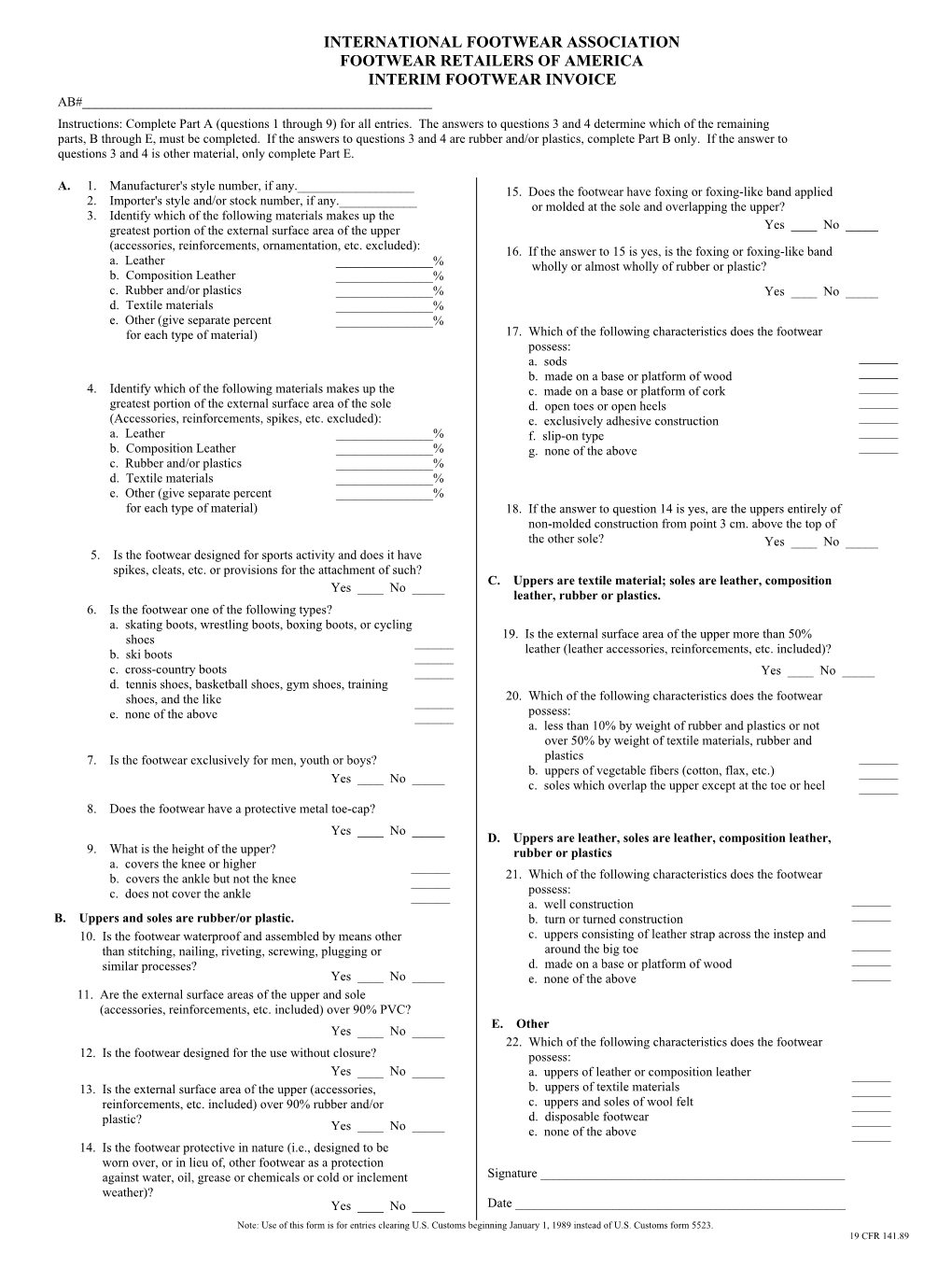 Interim Footwear Invoice Ab#______