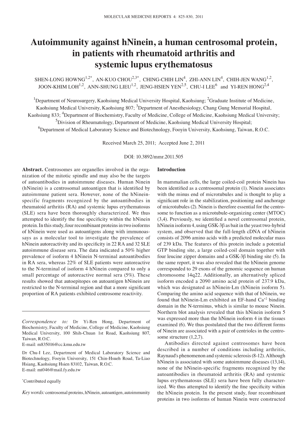 Autoimmunity Against Hninein, a Human Centrosomal Protein, in Patients with Rheumatoid Arthritis and Systemic Lupus Erythematosus