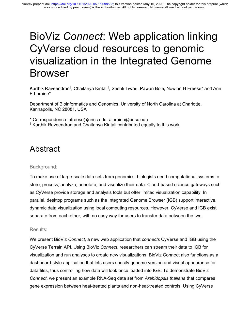 Bioviz Connect: Web Application Linking Cyverse Cloud Resources to Genomic Visualization in the Integrated Genome