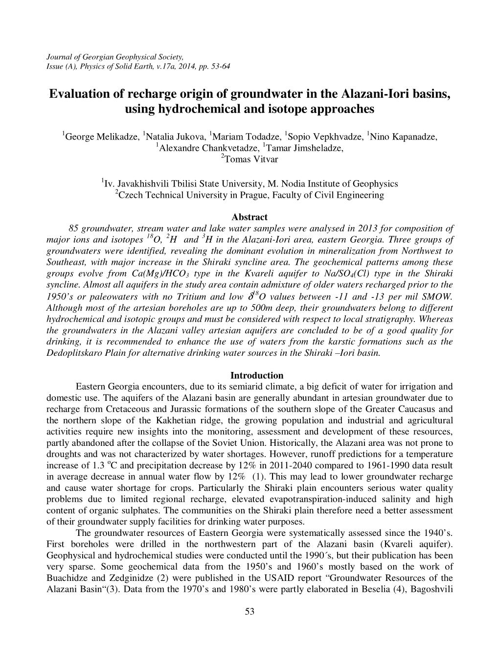 Evaluation of Recharge Origin of Groundwater in the Alazani-Iori Basins, Using Hydrochemical and Isotope Approaches