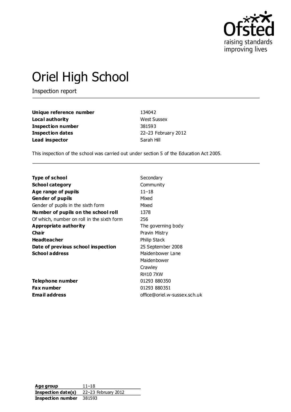 Oriel High School Inspection Report