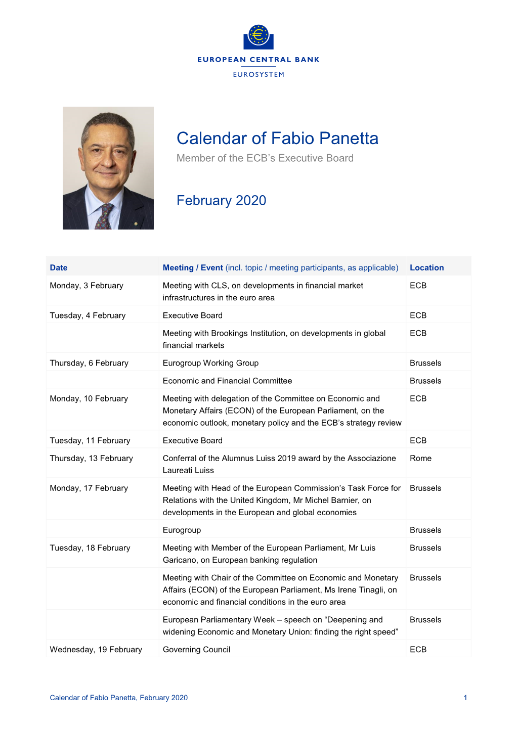 Calendar of Fabio Panetta, February 2020 1 Thursday, 20 February Central Bank Digital Currency (CBDC) High-Level Task Force ECB