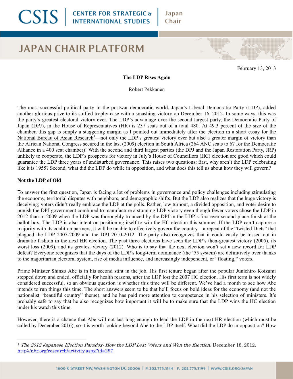 Japan Chair Platform: the LDP Rises Again