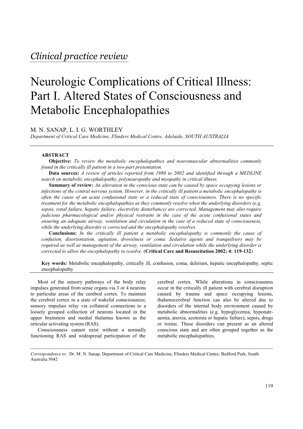 Neurologic Complications of Critical Illness: Part I. Altered States of Consciousness and Metabolic Encephalopathies