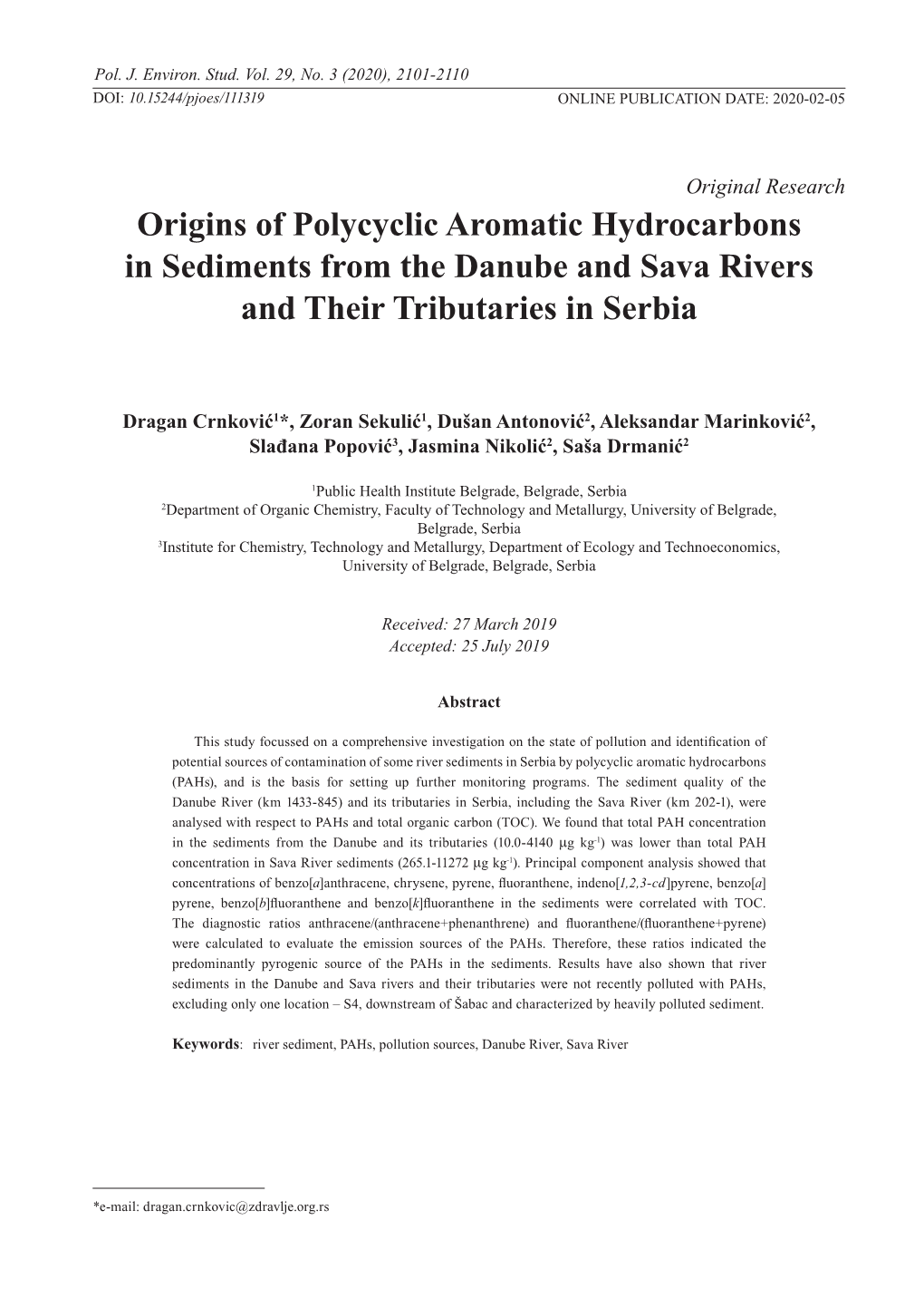 Origins of Polycyclic Aromatic Hydrocarbons in Sediments from the Danube and Sava Rivers and Their Tributaries in Serbia