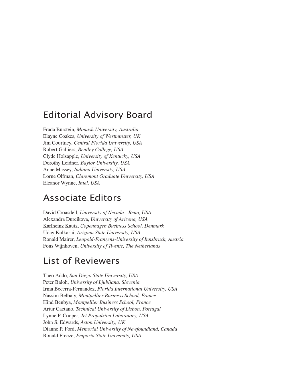 Editorial Advisory Board Associate Editors List of Reviewers