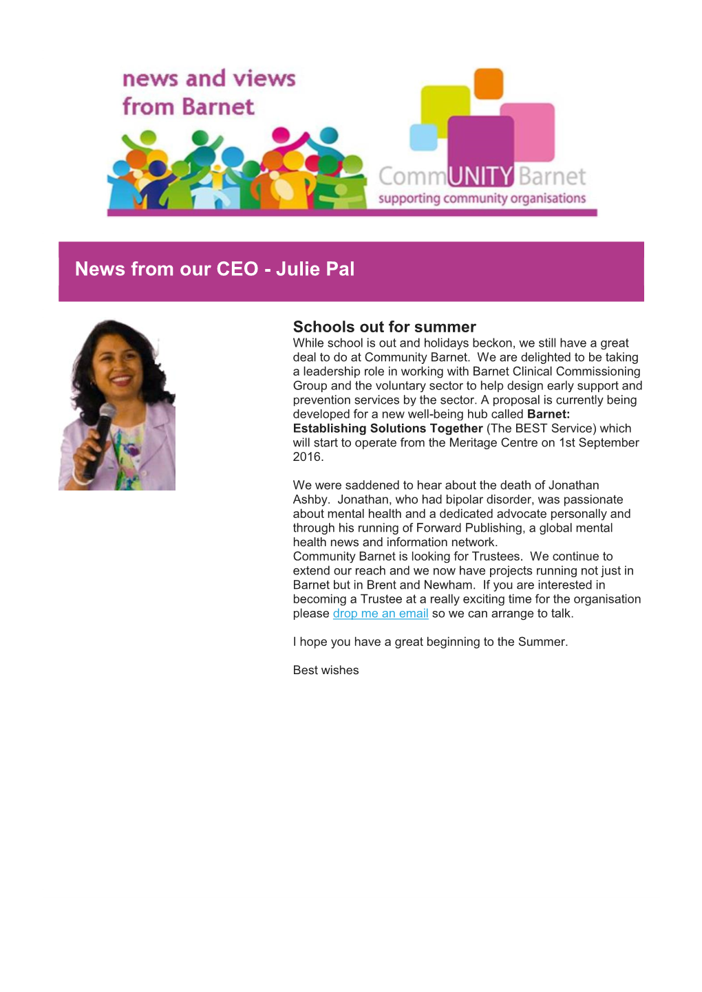 News from Our CEO - Julie Pal