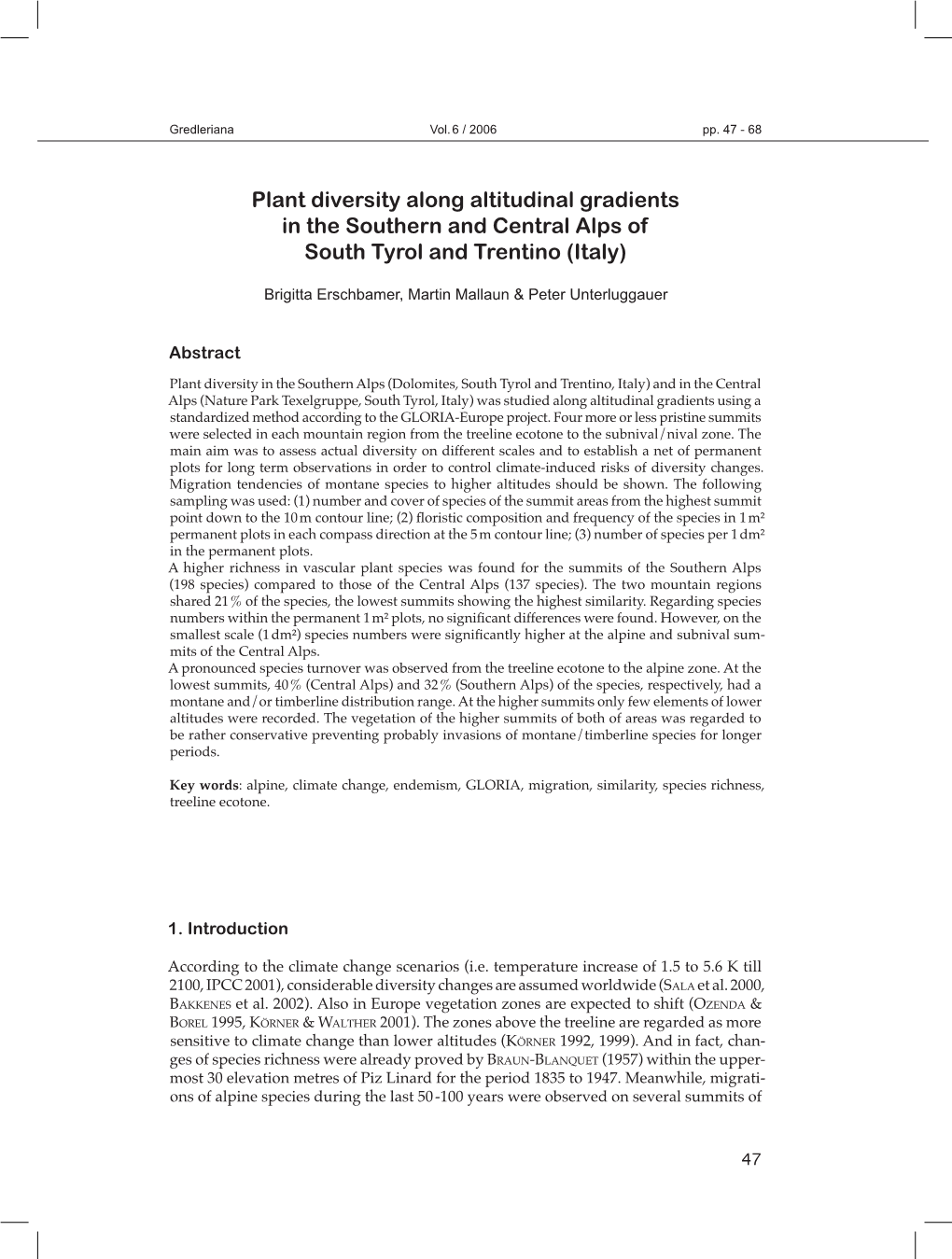 Plant Diversity Along Altitudinal Gradients in the Southern and Central Alps of South Tyrol and Trentino (Italy)