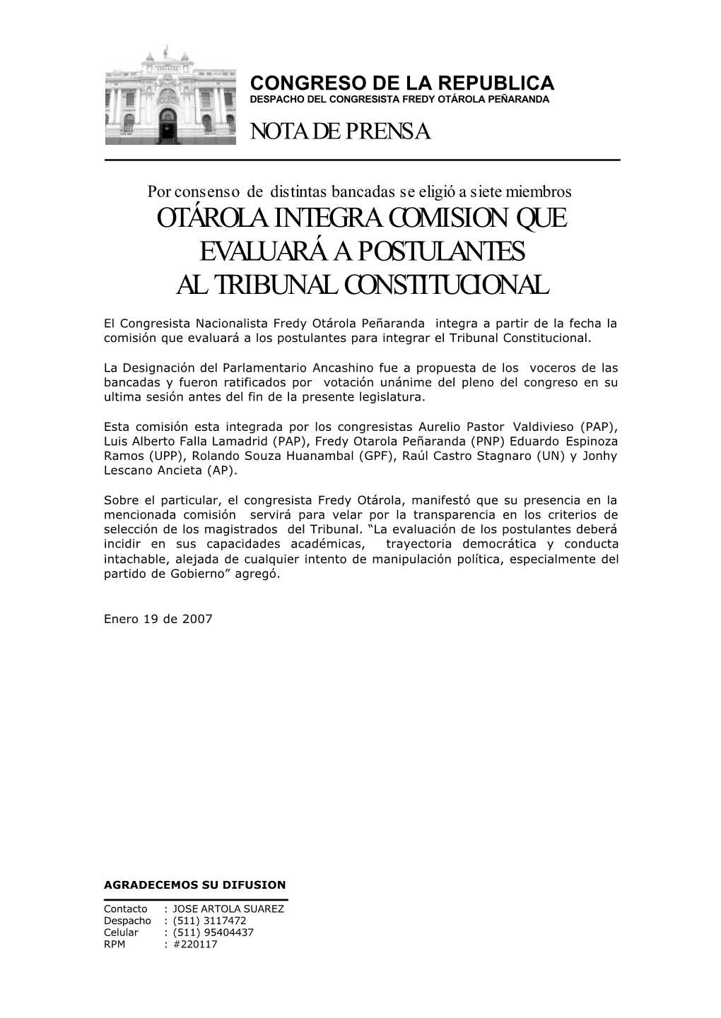 Otárola Integra Comision Que Evaluará a Postulantes Al Tribunal Constitucional