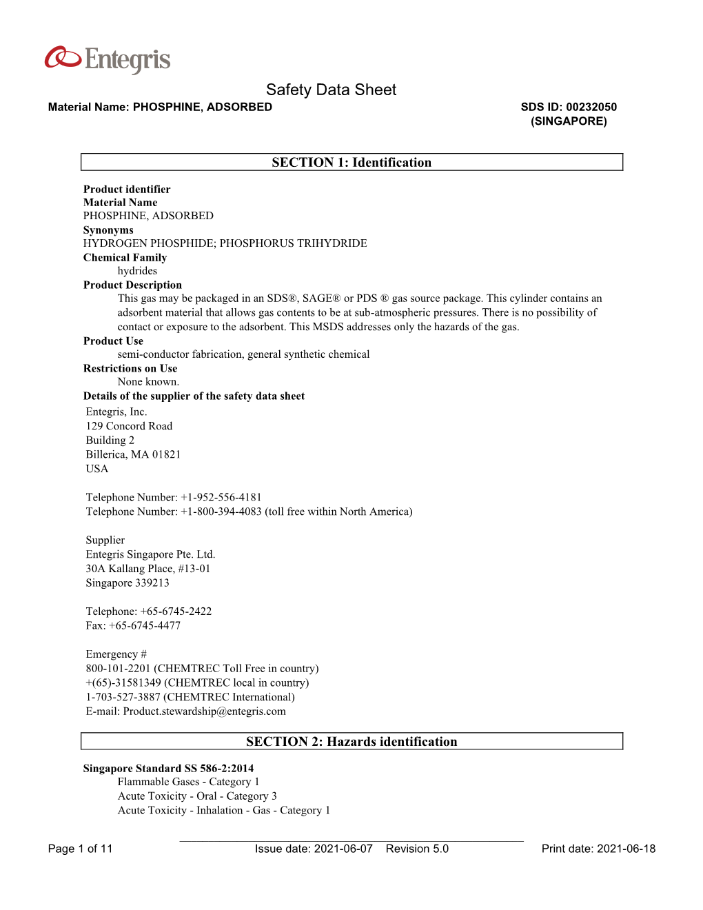 Phosphine, Adsorbed Sds Id: 00232050 (Singapore)