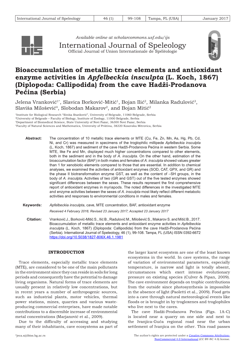 Bioaccumulation of Metallic Trace Elements and Antioxidant Enzyme Activities in Apfelbeckia Insculpta (L