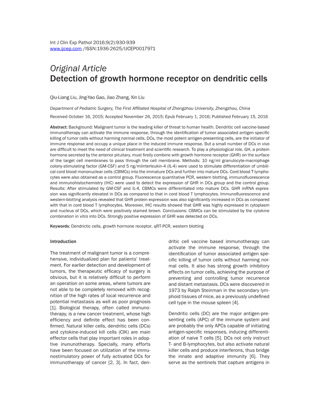 Original Article Detection of Growth Hormone Receptor on Dendritic Cells