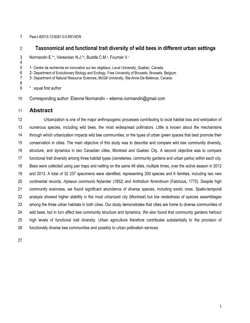 Taxonomical and Functional Trait Diversity of Wild Bees in Different Urban Settings