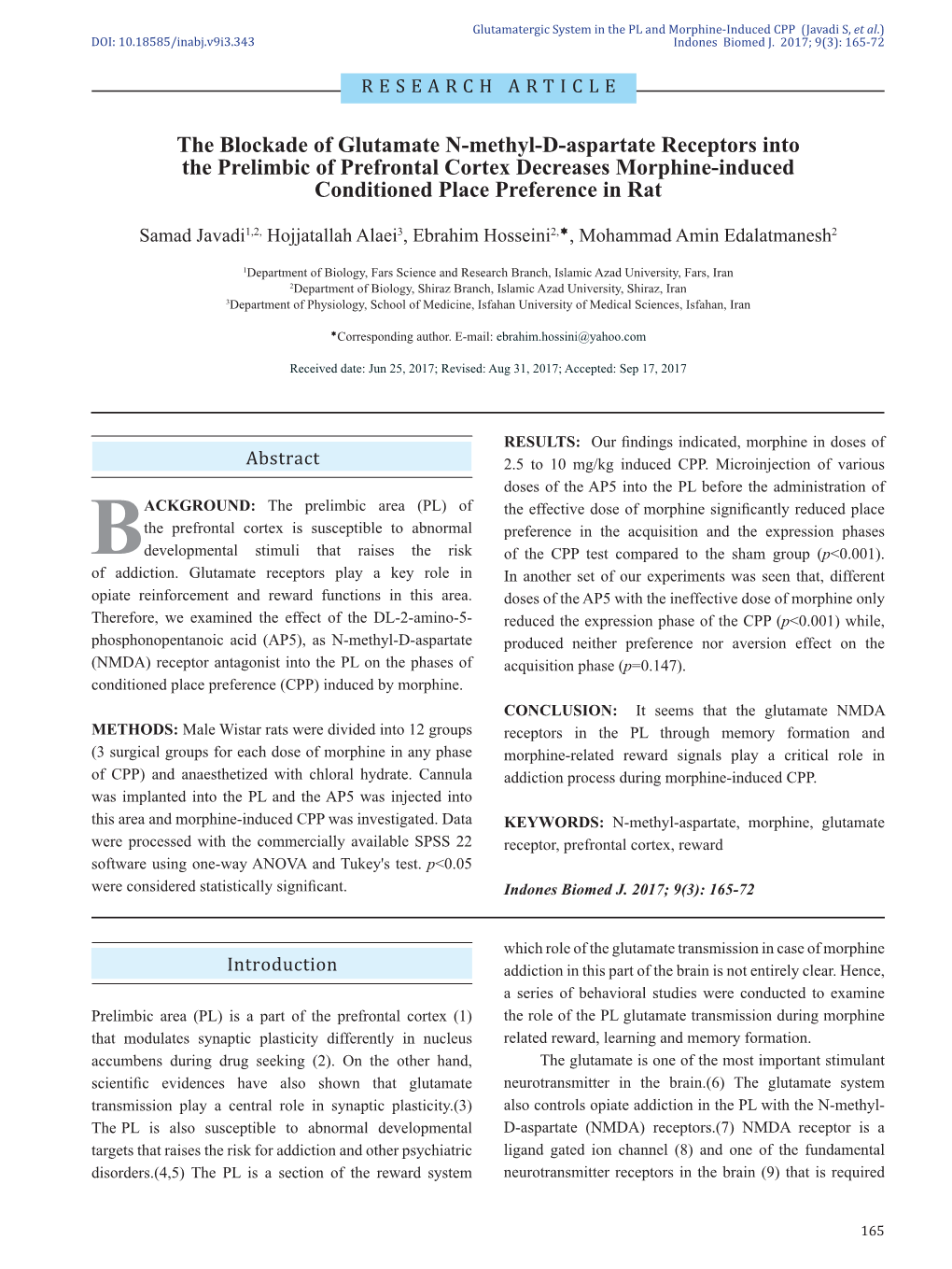 The Blockade of Glutamate N-Methyl-D-Aspartate Receptors Into the Prelimbic of Prefrontal Cortex Decreases Morphine-Induced Conditioned Place Preference in Rat