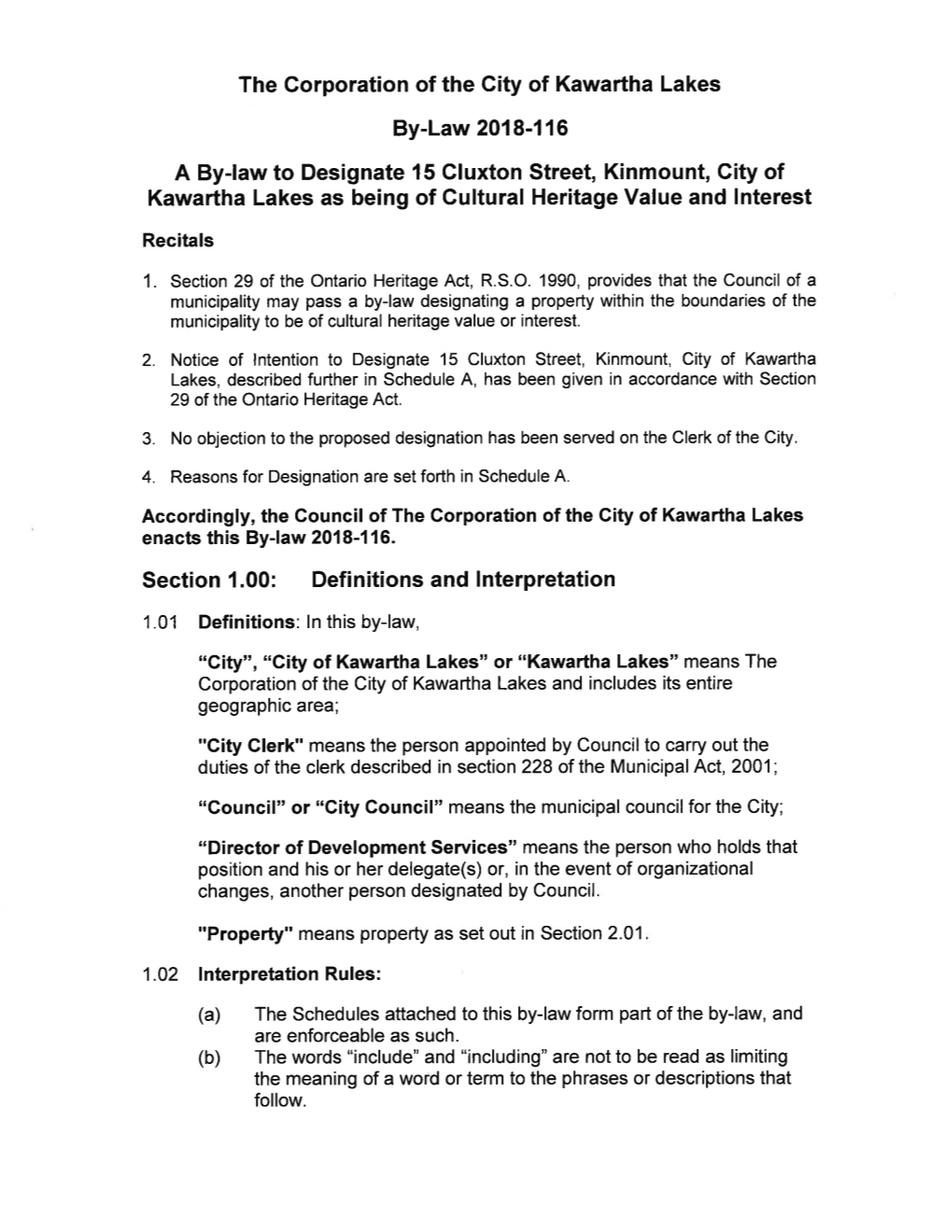 2018-116 a By-Law to Designate 15 Gluxton Street, Kinmount, City of Kawartha Lakes As Being of Cultural Heritage Value and Lnterest