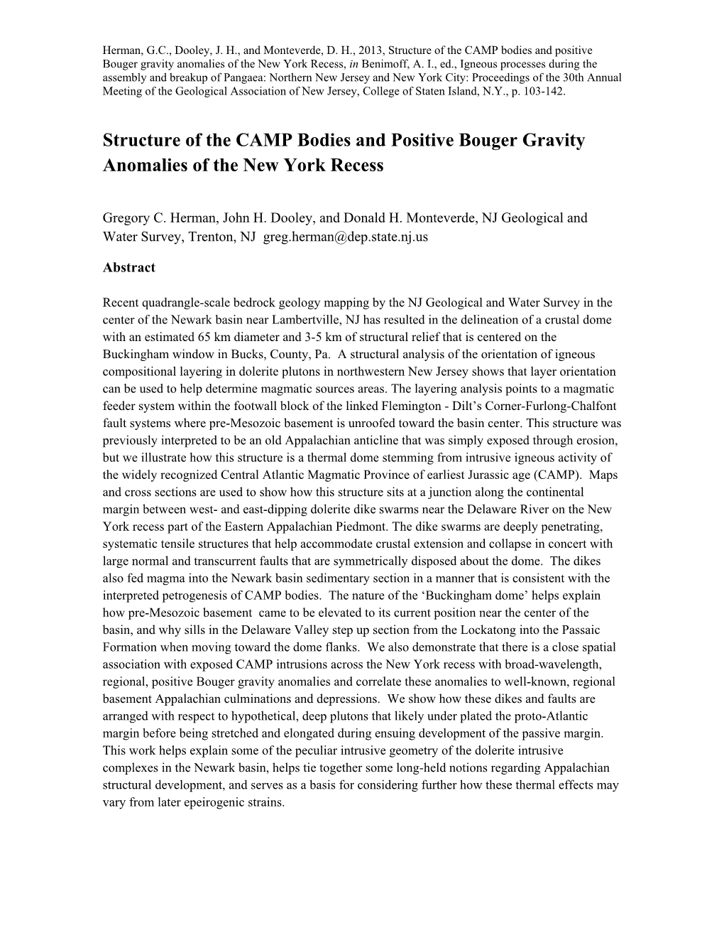 Structure of the CAMP Bodies and Positive Bouger Gravity Anomalies of the New York Recess, in Benimoff, A