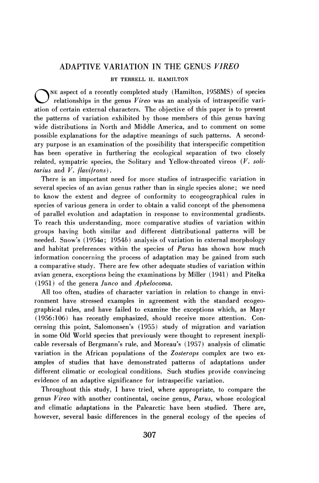 Adaptive Variation in the Genus Vireo