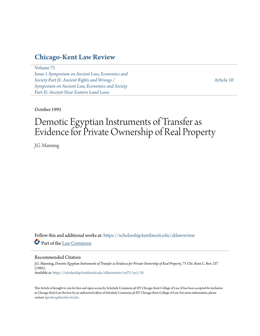 Demotic Egyptian Instruments of Transfer As Evidence for Private Ownership of Real Property J.G