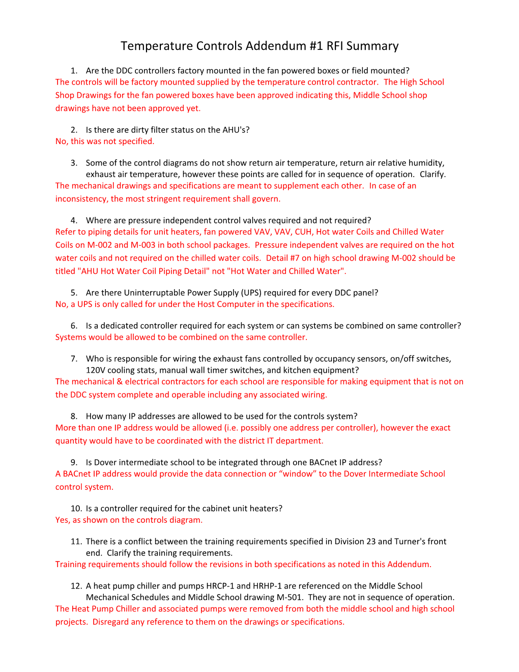 Temperature Controls Addendum #1 RFI Summary