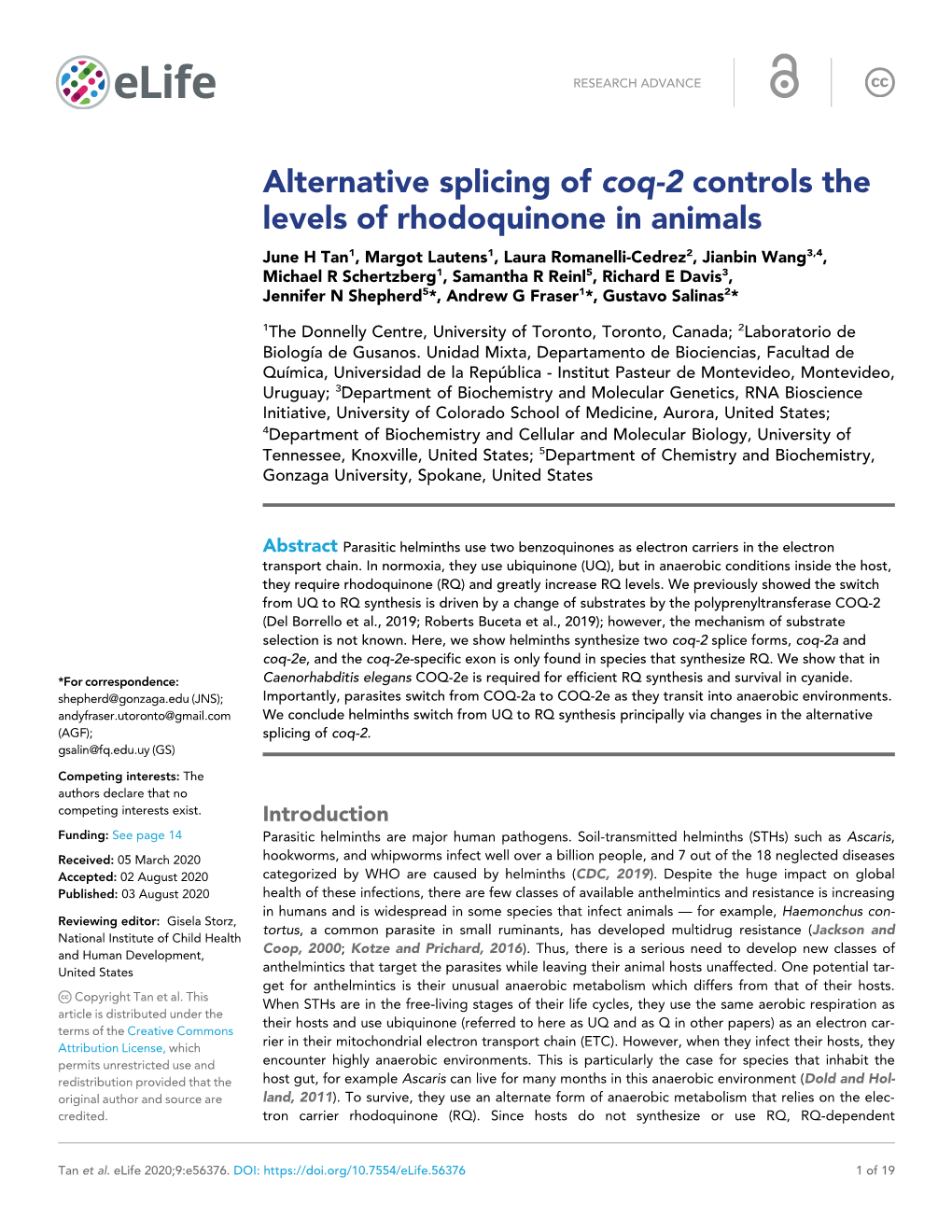 Alternative Splicing of Coq-2 Controls the Levels of Rhodoquinone in Animals