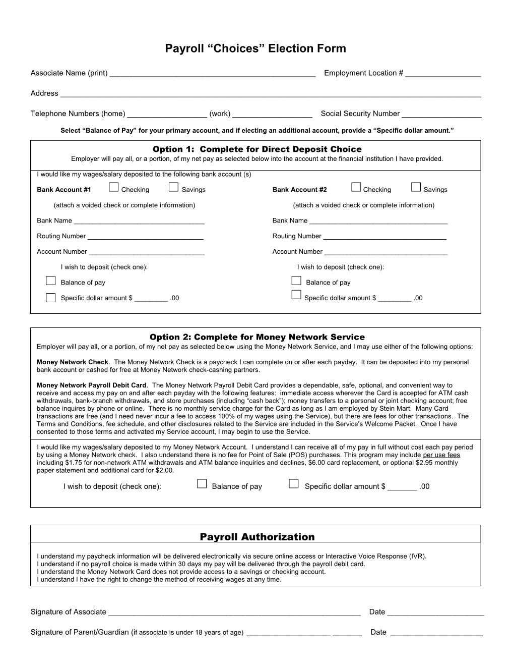 Payroll Choices Election Form