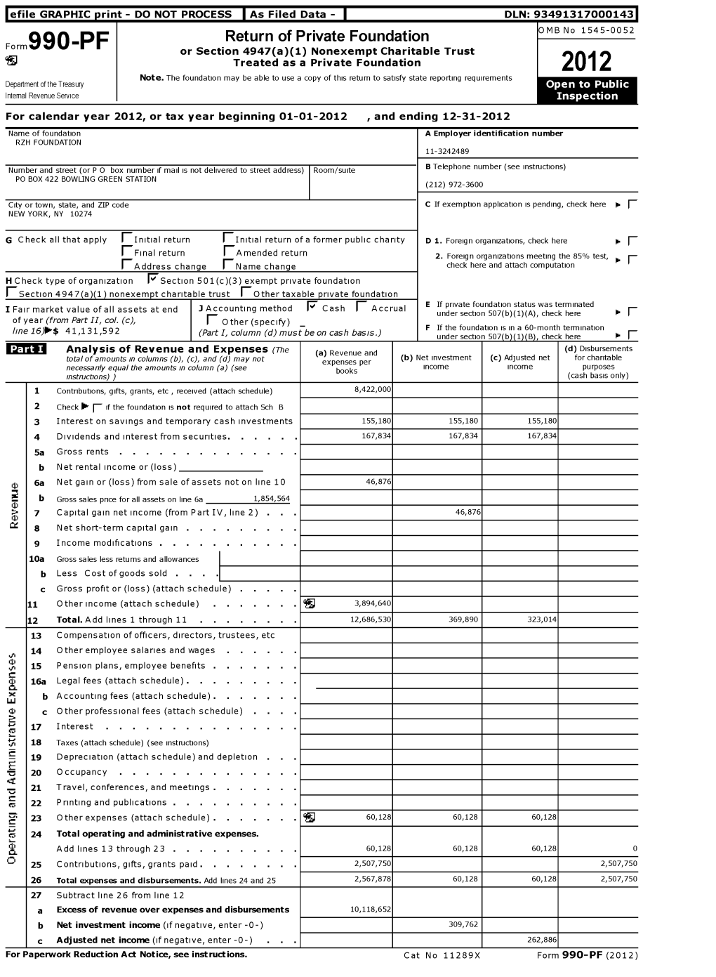 Return of Private Foundation OMB No 1545-0052 Form 990 -PF Or Section 4947 ( A)(1) Nonexempt Charitable Trust ` Treated As a Private Foundation 2012 Note
