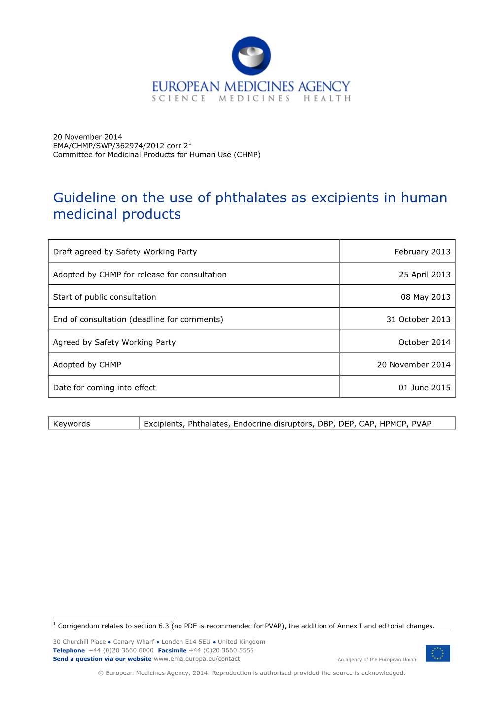 Guideline on the Use of Phthalates As Excipients in Human Medicinal Products