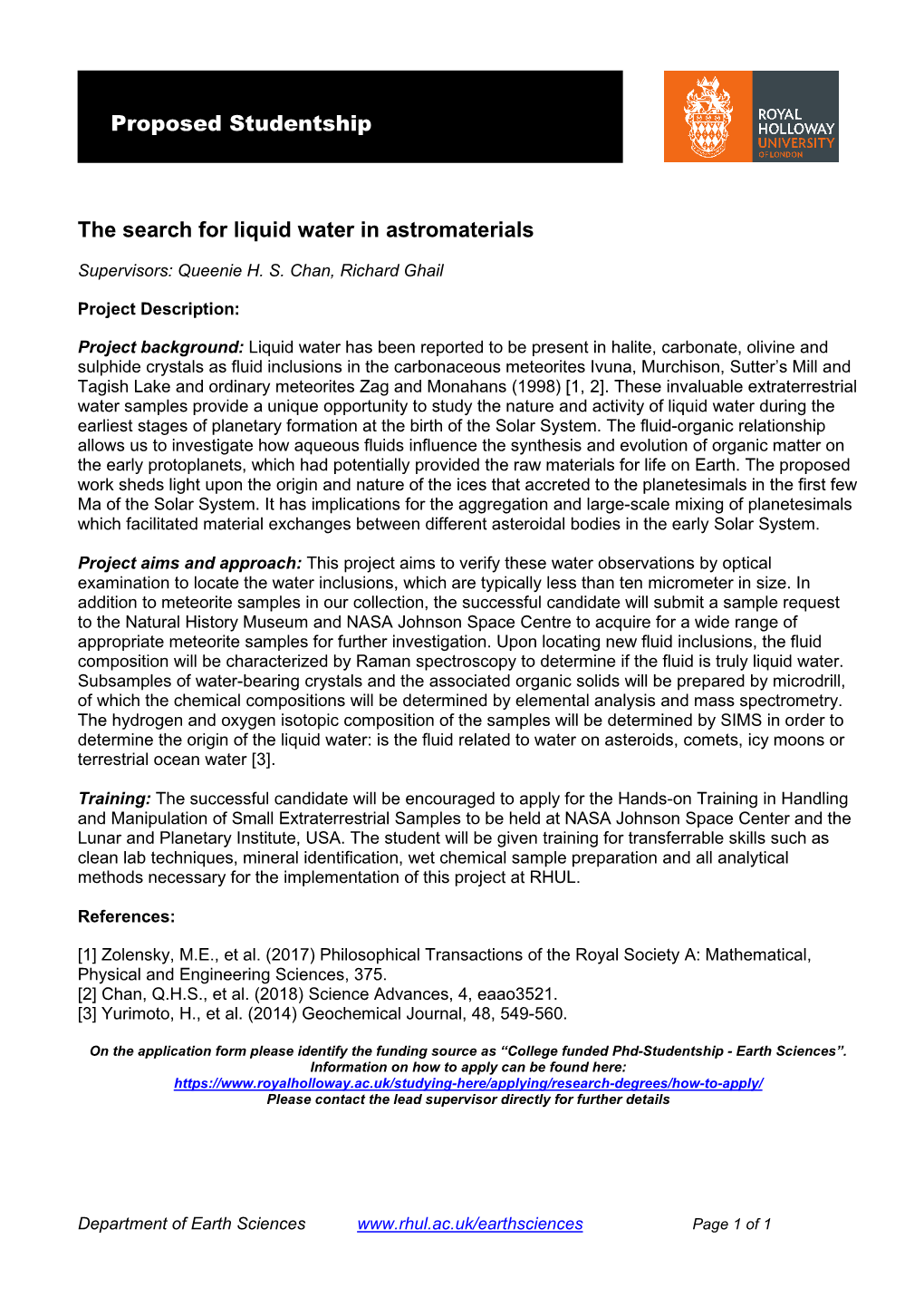 The Search for Liquid Water in Astromaterials Proposed Studentship