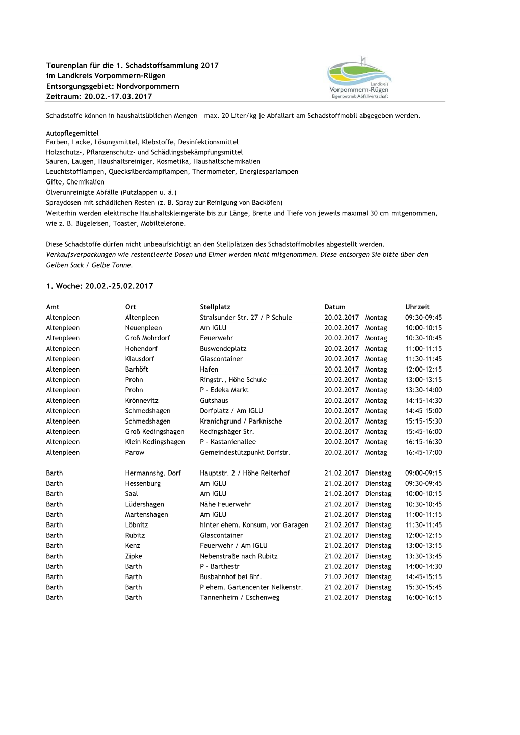 Tourenplan Der Ersten Schadstoffsammlung 2017