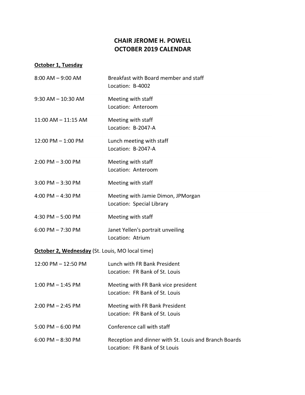 Chair Powell's October 2019 Calendar