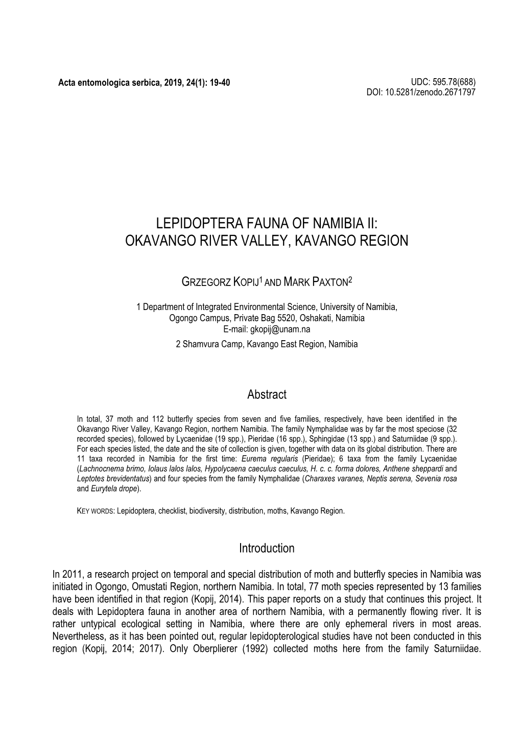 Lepidoptera Fauna of Namibia Ii: Okavango River Valley, Kavango Region
