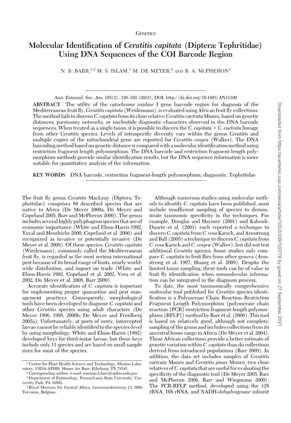 Using DNA Sequences of the COI Barcode Region