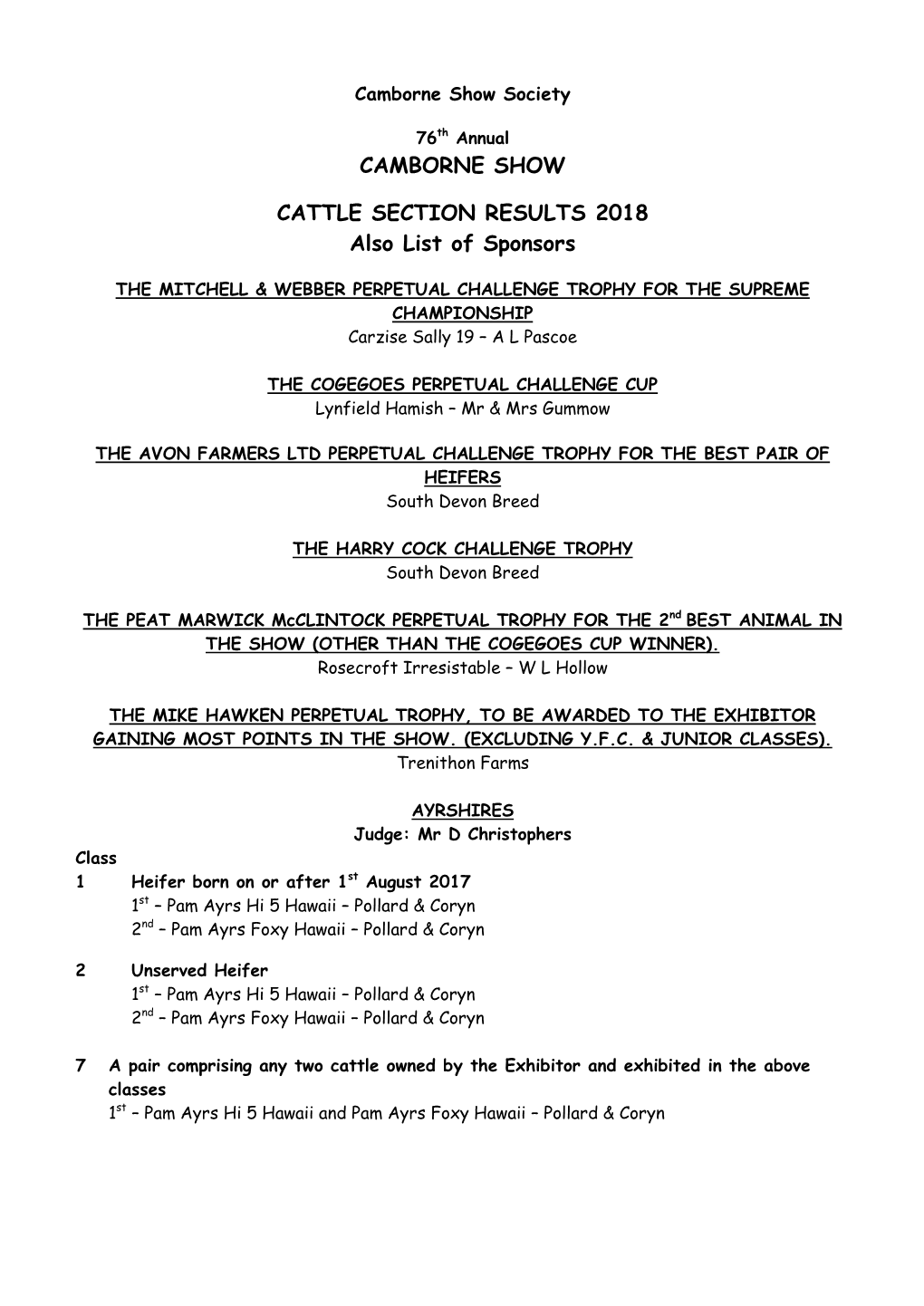 CAMBORNE SHOW CATTLE SECTION RESULTS 2018 Also List