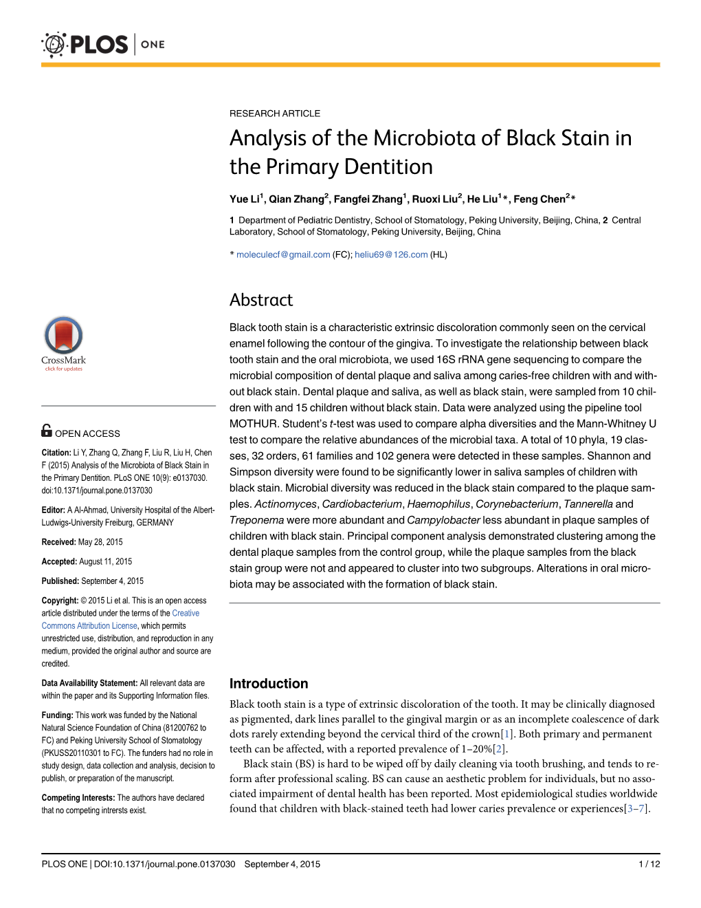 Analysis of the Microbiota of Black Stain in the Primary Dentition