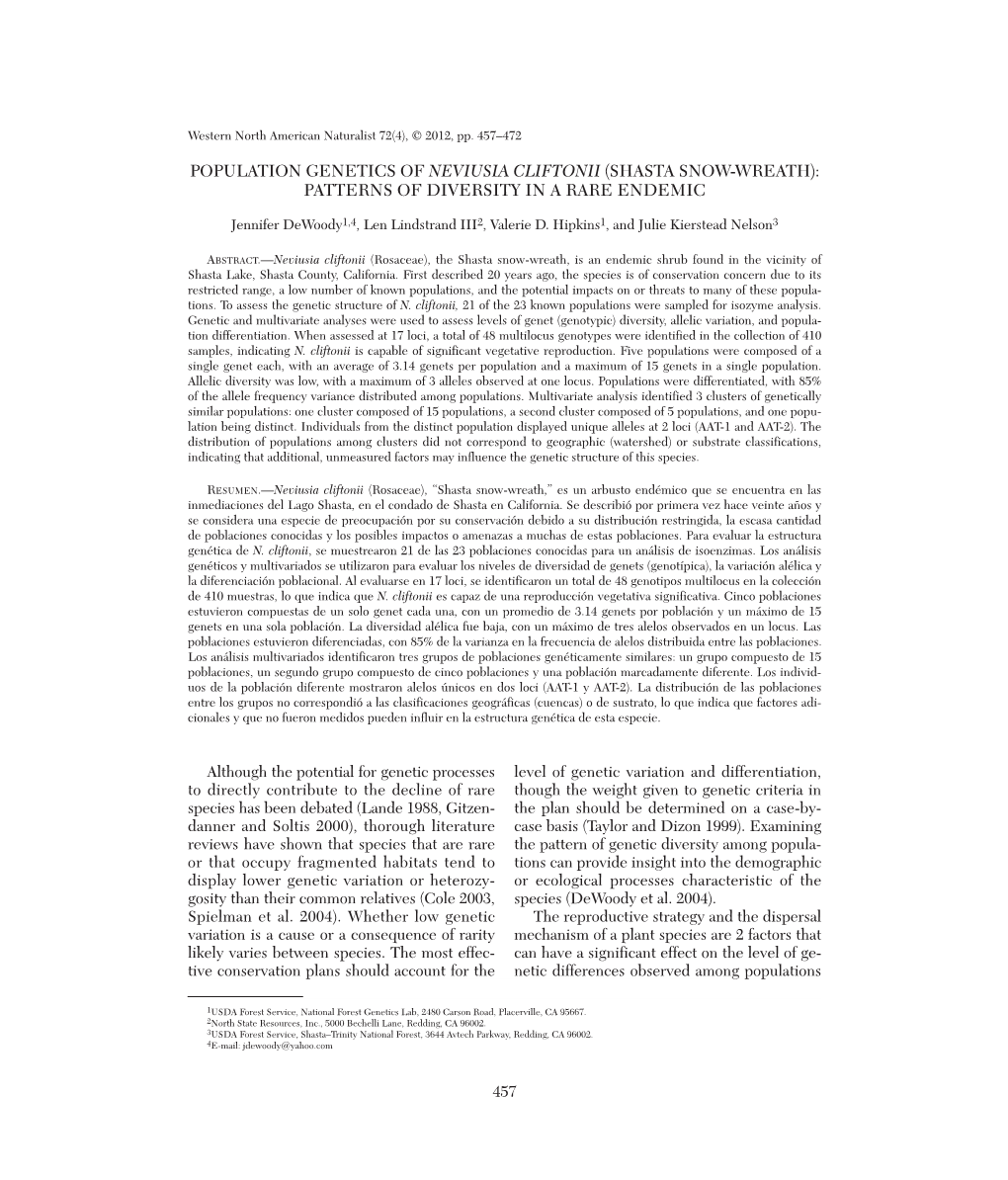 Population Genetics of Neviusia Cliftonii (Shasta Snow-Wreath): Patterns of Diversity in a Rare Endemic