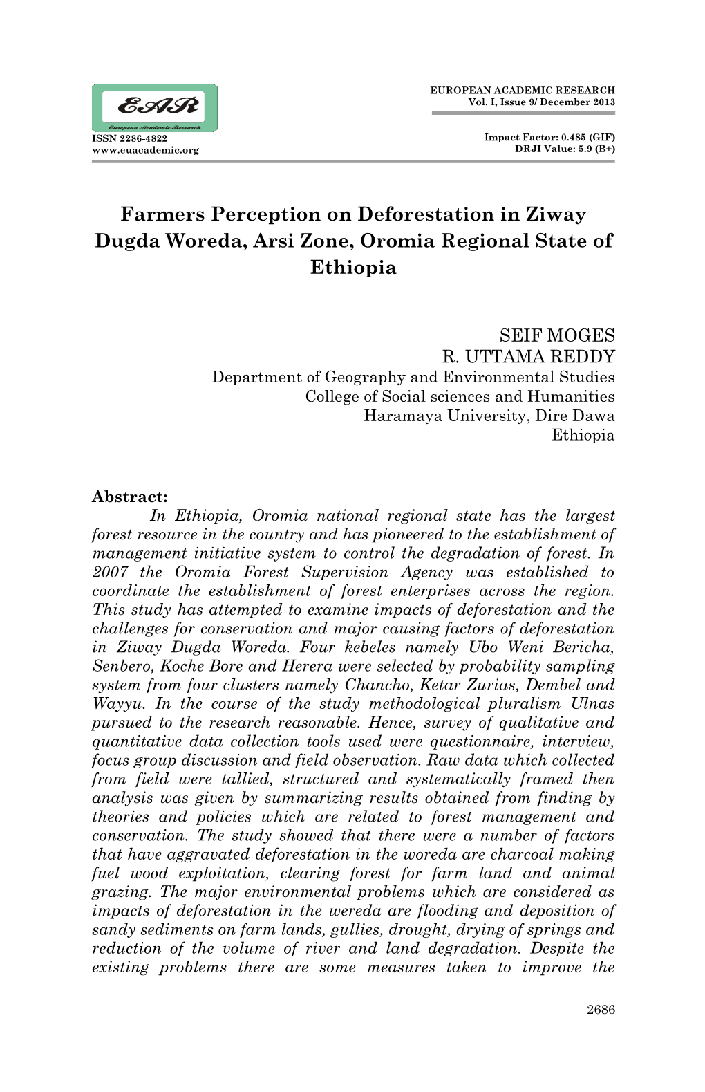 Farmers Perception on Deforestation in Ziway Dugda Woreda, Arsi Zone, Oromia Regional State of Ethiopia