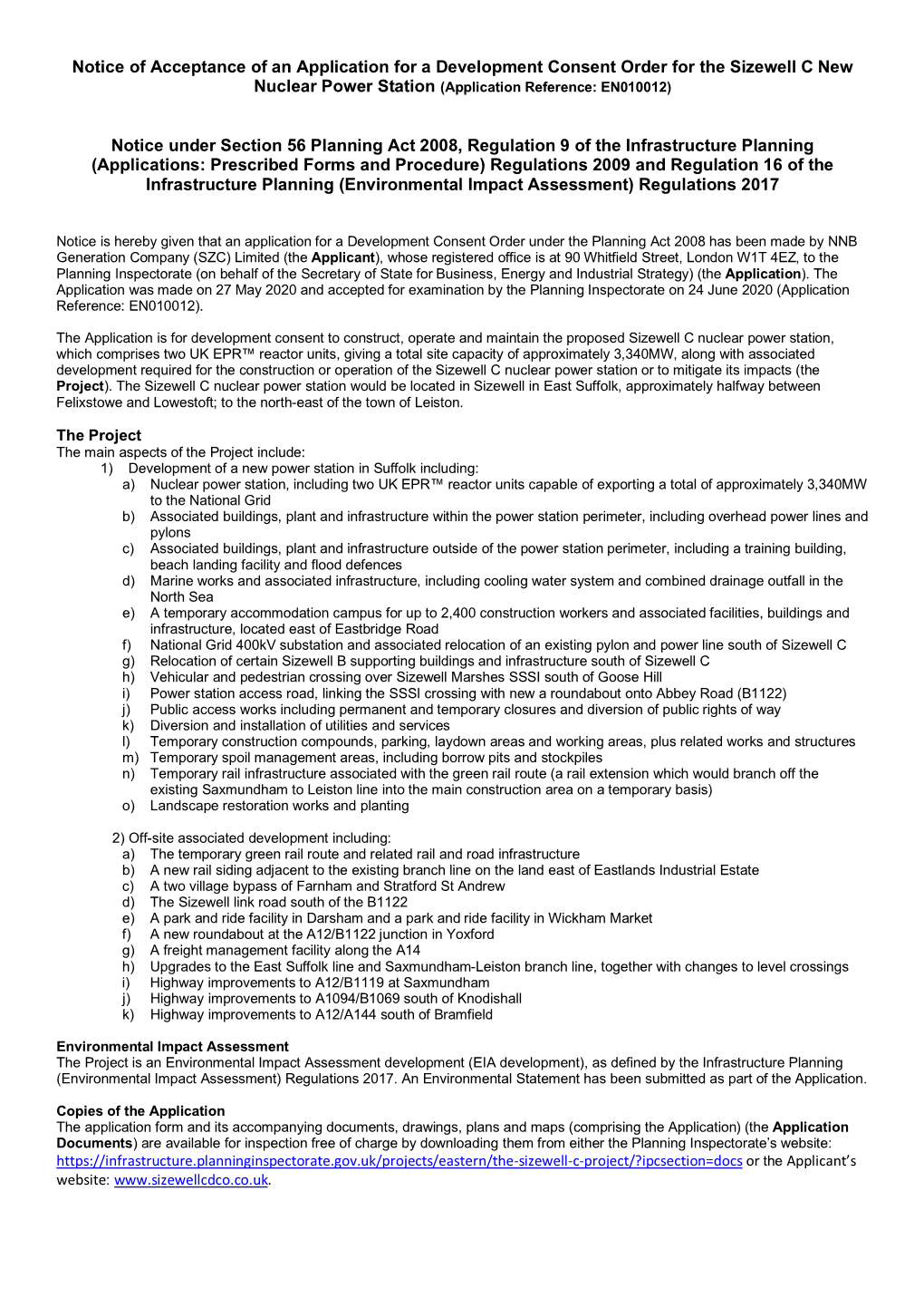 Notice of Acceptance of an Application for a Development Consent Order for the Sizewell C New Nuclear Power Station (Application Reference: EN010012)