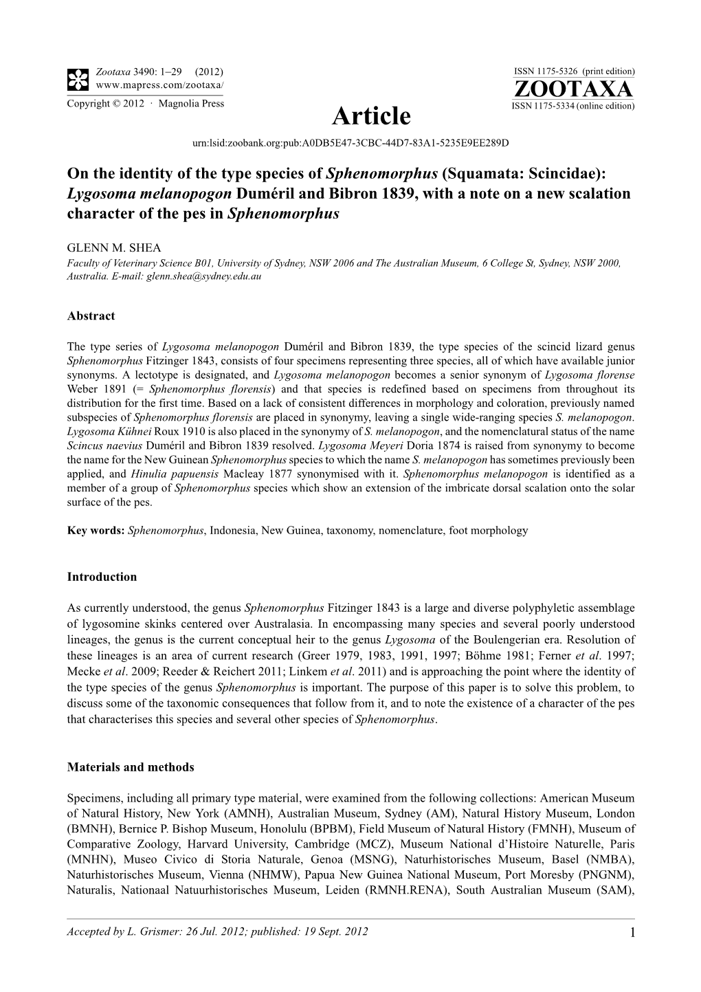 Lygosoma Melanopogon Duméril and Bibron 1839, with a Note on a New Scalation Character of the Pes in Sphenomorphus