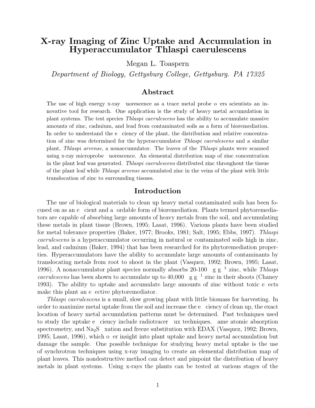 X-Ray Imaging of Zinc Uptake and Accumulation in Hyperaccumulator Thlaspi Caerulescens Megan L