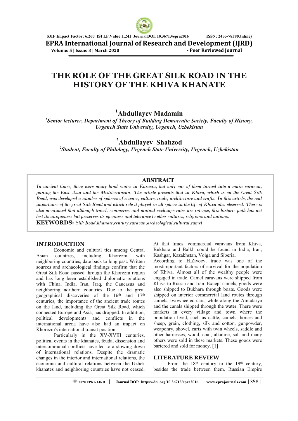 The Role of the Great Silk Road in the History of the Khiva Khanate