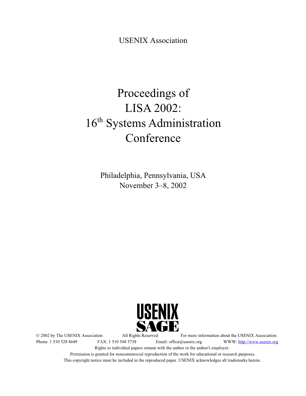 Proceedings of LISA 2002: 16Th Systems Administration Conference